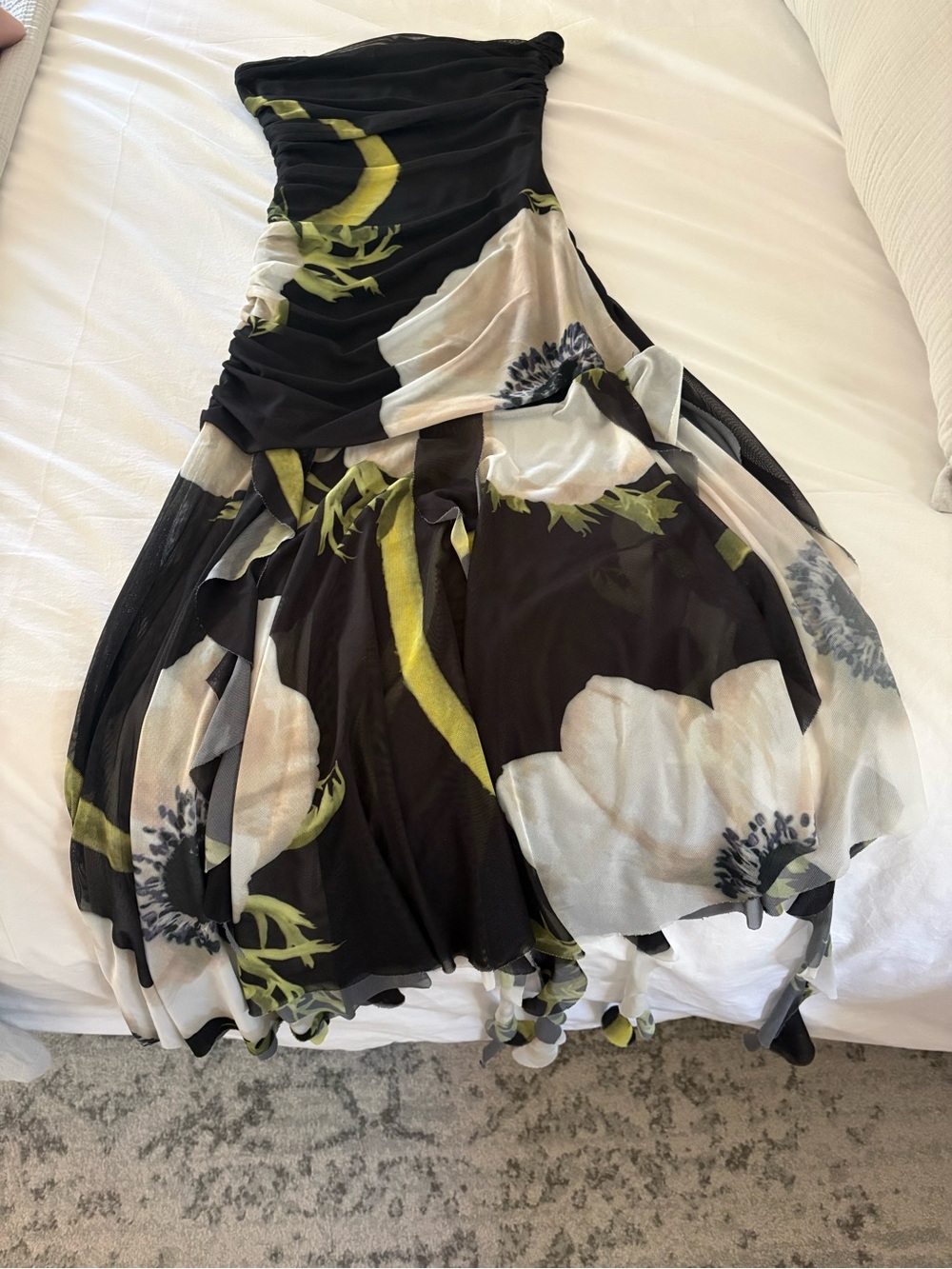 Commense Strapless Floral Chiffon Dress in Black, White & Olive